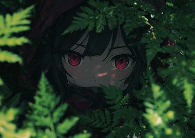 Anime Girl with Red Eyes in Foliage