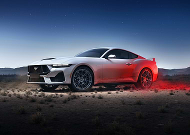 white ford mustang in desert landscape