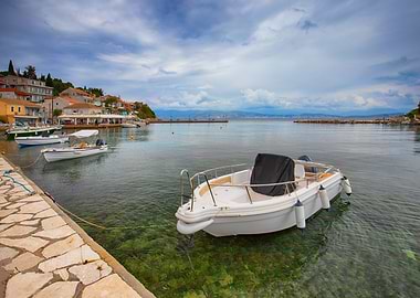 Boats in a Calm Coastal Harbor, Corfu, Greek Island