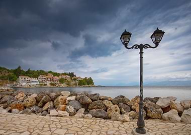 Coastal Town with Lamp Post View, Corfu, Greek Island