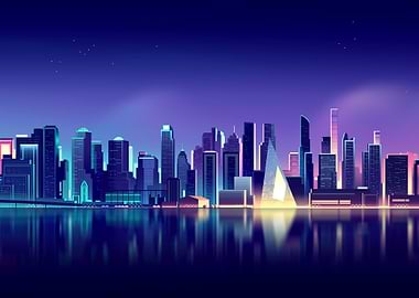 neon cityscape reflection