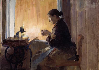 Woman Sewing by Window Painting