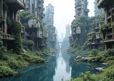 Overgrown Abandoned Cityscape with River