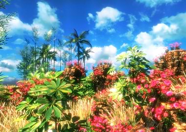 Lush Tropical Landscape with Pink Flowers
