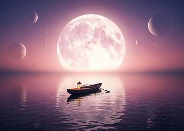 Boat on Water with Moon and Planets