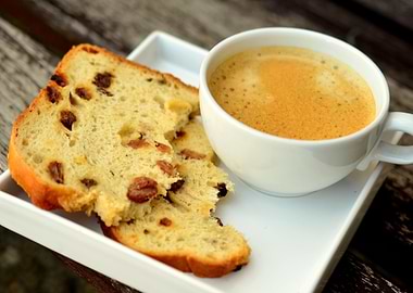 Raisin Bread and Coffee Still Life