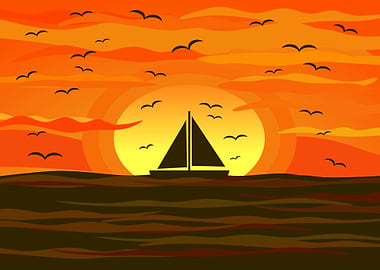Sailboat at Sunset with Birds
