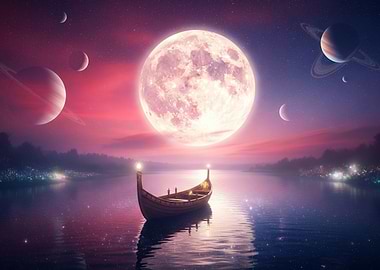 Boat under a giant moon
