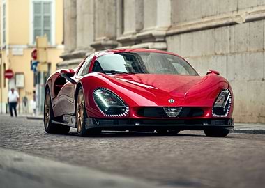 Red Sports Car on Cobblestone Street