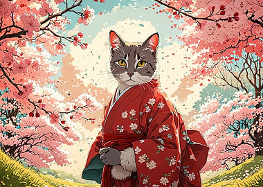 Cat Kimono Cherry Blossoms
