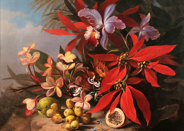 Floral Still Life Painting with Fruit