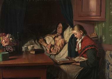 Old Woman and Girl Reading Painting