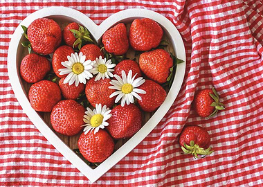Strawberries in Heart-Shaped Bowl with Daisies