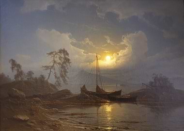 Sunset over the lake with boats