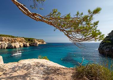 Turquoise Bay with Sailboat and Cliffs, Menorca