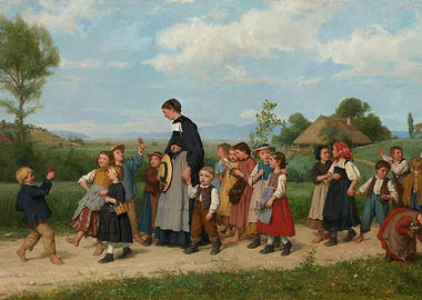 Children and Teacher in Landscape Painting