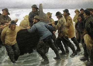 Fishermen Launching Boat into the Sea