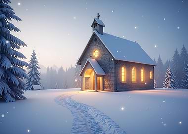 Winter Church in Snowy Landscape