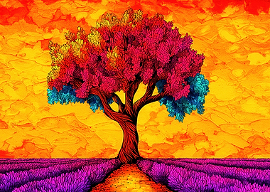 Colorful Tree in Lavender Field