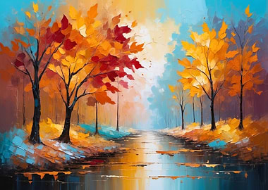 Autumn Trees Reflecting in Water Painting