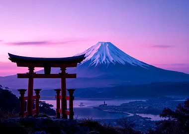 Mount Fuji and Torii Gate at Sunset