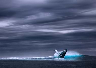 Whale breaching in ocean under cloudy sky
