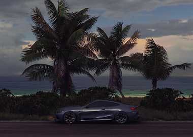 Luxury car on tropical beach road