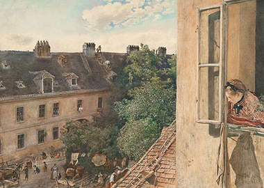 Old Town View with Woman at Window