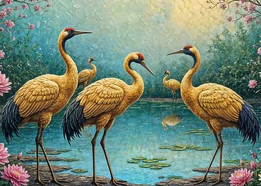 Elegant Cranes in a Floral Landscape