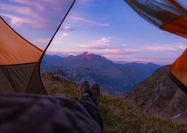 Camping in the Mountains at Sunset
