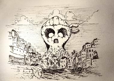 Ink Drawing: Coastal City with Giant Head