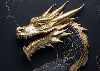Golden Dragon Head on Dark Background