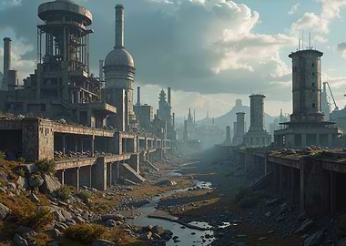 Post-apocalyptic industrial cityscape with river