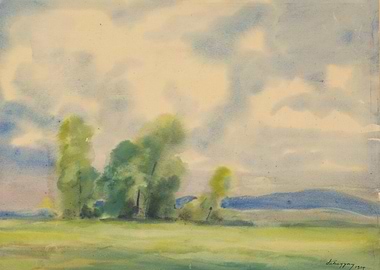 Watercolor Landscape with Trees and Sky