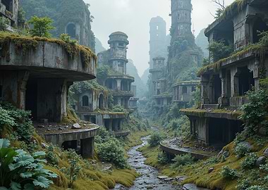 Overgrown Ruins in a Misty Valley