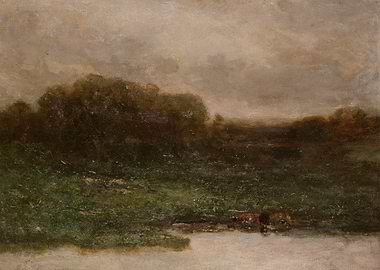 Landscape painting with water and trees