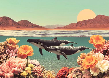Surreal Ocean Scene With Whales Coral And Golden Sunset