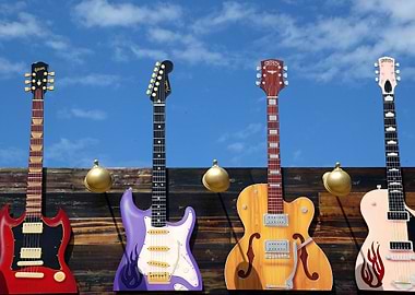Colorful Guitars on Wooden Wall
