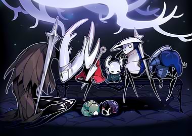 Hollow Knight characters on a bench