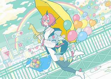 Anime Girl with Balloons and Dog