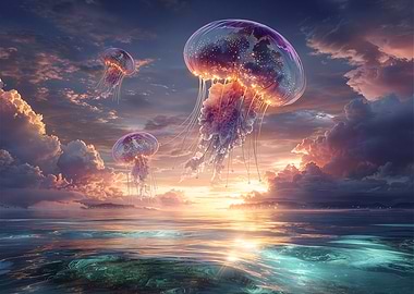 Surreal Jellyfish Floating Above Ocean At Sunset