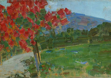 Landscape Painting with Red Tree and Mountain