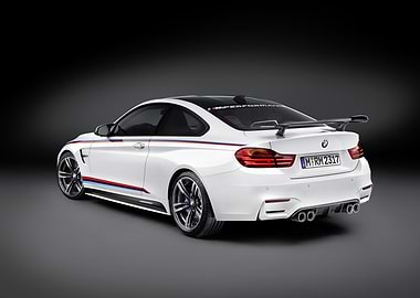 White BMW M4 with racing stripes