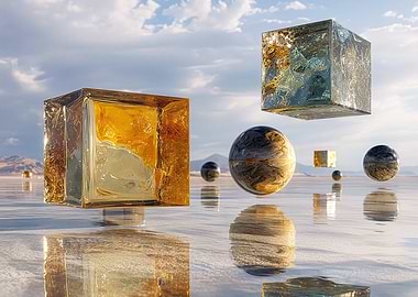 Surreal Floating Cubes And Spheres Reflected On Water Surface