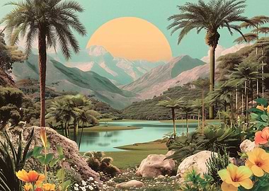 Surreal Tropical Lake With Golden Sun And Palm Trees