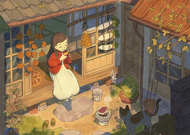 Cozy Japanese Courtyard Scene with Girl