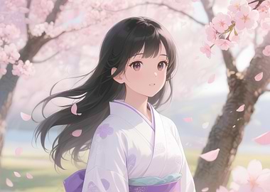 Anime Girl in Kimono with Cherry Blossoms