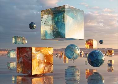 Surreal Floating Cubes And Spheres With Reflective Water Surface