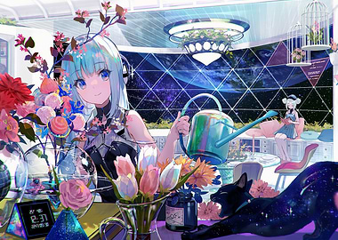 Anime girl watering flowers in space