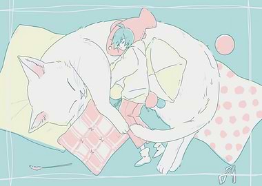 Sleeping with Giant Cat Illustration